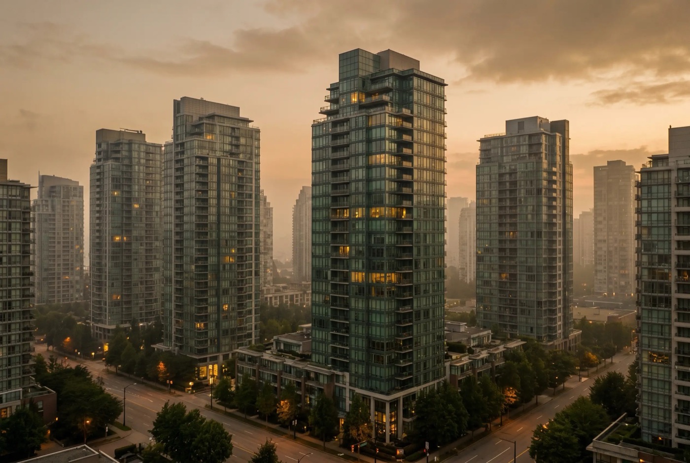 Residential towers at dusk